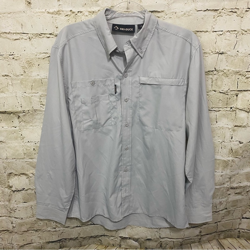 Dri Duck Gray Outdoor Fishing Zipper Pocket Button Down Shirt